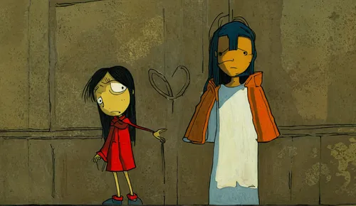 Me and my imaginary friend Lisa,animated cartoon,arrowroot family,girl and boy outdoor,boy and girl,little boy and girl,two meters,anasazi,reconciliation,two girls,gobelin,the annunciation,stick kids,