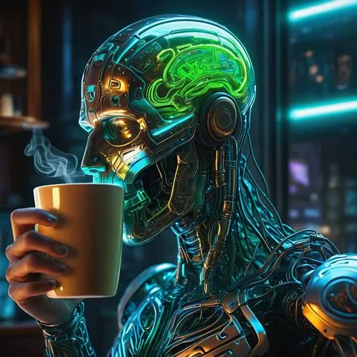 (masterpiece, photorealistic, best quality:1.3), transparent electromagnetic cyborg, intricate neural brain exposed, (glowing neon accents:1.2), (half-body view,:1.3) (holding a steaming mug of coffee