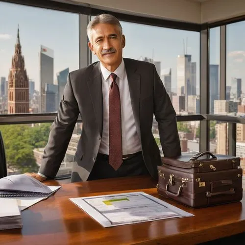 A mature businessman, suit, white shirt, tie, briefcase, certification documents, office background, wooden desk, leather chair, cityscape view from window, daytime, natural light, 3/4 composition, sh