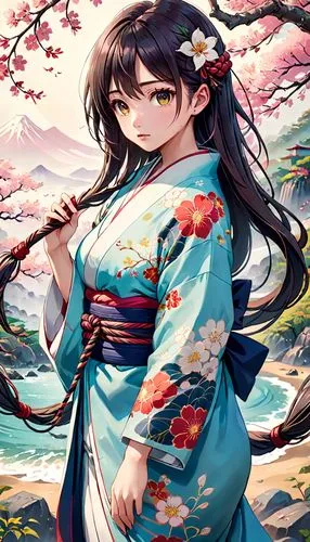 japanese floral background,kimono,yukata,longmei,yamashiro,bohua,Anime,Anime,Realistic