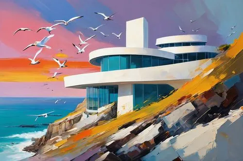 lighthouse,clifftop,clifftops,oceanfront,cliff top,cliffside,beach house,flying sea gulls,malaparte,seagulls,dunes house,coastline,pillboxes,cliffs ocean,futuristic landscape,fresnaye,lifeguard tower,floating island,sea gulls,beachhouse,Conceptual Art,Oil color,Oil Color 20