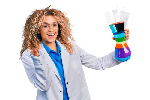 Funny chemist, lab coat, goggles, wild hair, colorful beaker, test tube, Erlenmeyer flask, crazy expression, laughing, holding giant molecular model, bright colored background, softbox lighting, shall