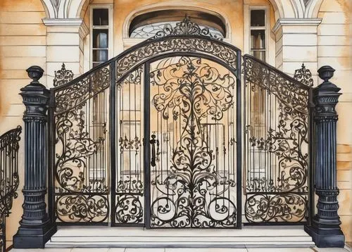 wrought iron,ornamental dividers,ironwork,iron gate,metal gate,art nouveau frame,front gate,fence gate,scrollwork,garden door,baluster,gated,balusters,decorative frame,iron door,gates,wood gate,ornamentation,railings,wrought,Illustration,Paper based,Paper Based 25