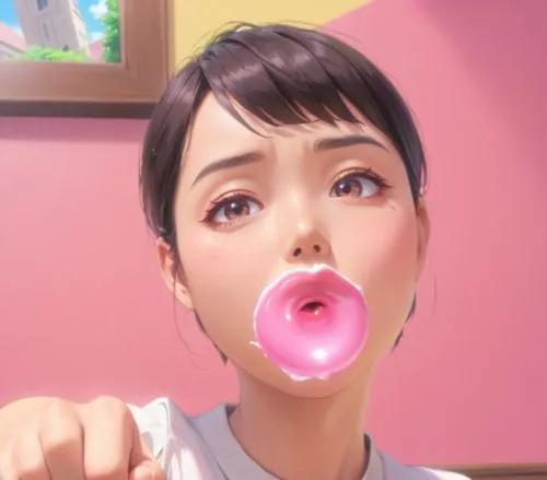 short haircut woman, blowing bubble gum,anime - like woman wearing a shirt eating a pink donut,nanako,kawaii ice cream,bubble blower,bubble gum,bubblegum,sumiala,Anime,Anime,Traditional