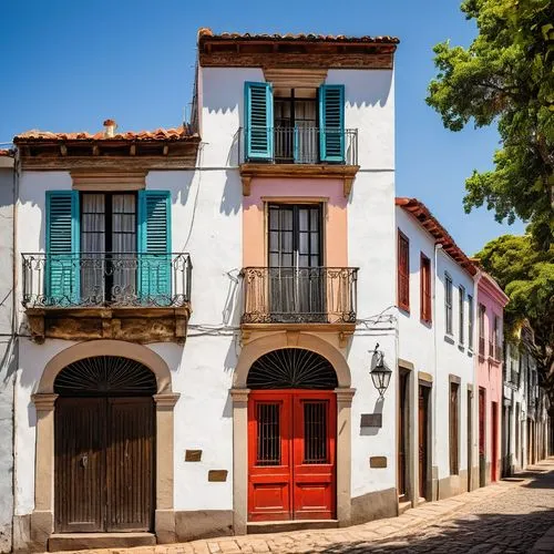 Colonia del Sacramento, Uruguay, colonial-style architecture, pastel-colored buildings, ornate wooden doors, wrought iron balconies, red-tiled roofs, narrow cobblestone streets, historic town center, 