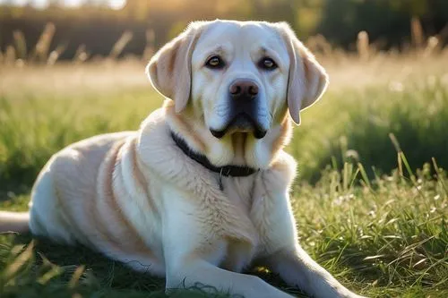 Friendly labrador, green eyes, floppy ears, fluffy fur, wagging tail, sitting, outdoor, grassland, sunny day, warm lighting, shallow depth of field, detailed fur texture, realistic, cinematic composit