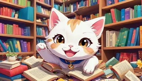 "An adorable anime cat caught in the act of tumbling off a bookshelf, with a dramatic look of surprise, surrounded by falling books and scattered knick-knacks.",bibliowicz,bibliophile,bookworm,librari