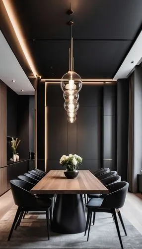 Modern minimalist, apartment in the city center, diningroom, stark color contrasts, dark tones, clean lines, exquisite design, white ceilings, black furniture, wood veneer walls, Modern minimalist, ap