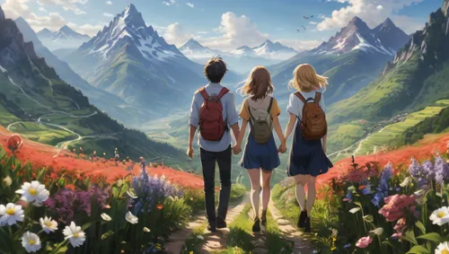 gondolin,arrietty,alpine crossing,eilonwy,girl and boy outdoor,mountain world,Photography,General,Natural