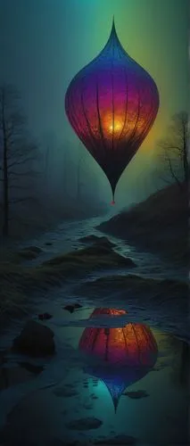 fractal art,balloon trip,mushroom landscape,photo manipulation,lampion,cocoon of paragliding,ballooning,futuristic landscape,gas balloon,fantasy picture,fantasy landscape,airships,alien planet,alien world,photomanipulation,alien ship,fairy lanterns,fantasy art,flying saucer,dreamscapes,Conceptual Art,Oil color,Oil Color 16