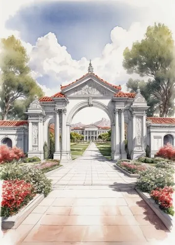 columbarium,peristyle,istana,cochere,hall of supreme harmony,renderings,artemis temple,bellingrath gardens,white temple,pergola,greek temple,archways,colonnades,victory gate,water palace,zappeion,columbaria,three centered arch,mandap,jeffersonian,Illustration,Black and White,Black and White 35