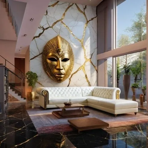 gold mask,golden mask,gold wall,gold stucco frame,modern decor,contemporary decor,interior modern design,great room,luxury home interior,interior decoration,living room,modern living room,gold leaf,interior decor,livingroom,3d rendering,golden buddha,gold paint stroke,interior design,stucco wall