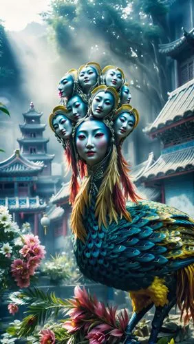 kuanyin,bird kingdom,qingnian,qilin,yubamrung,garuda,guanyin,world digital painting,dakini,water lotus,manjushri,deities,bird bird kingdom,fantasy picture,photo manipulation,asian vision,fantasy art,golden lotus flowers,image manipulation,oiran