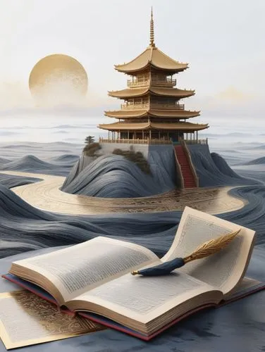 world digital painting,sea landscape,book wallpaper,yamatai,japanese waves,boat landscape,Illustration,Realistic Fantasy,Realistic Fantasy 01