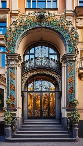 Art Nouveau architecture, Riga, Latvia, intricate ornate facade, grandiose entrance, twisted ironwork, curved lines, organic forms, botanical motifs, ornamental decorations, stained glass windows, mos