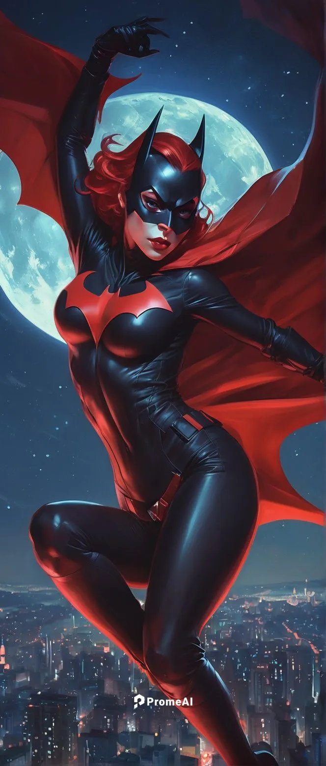 batwoman jumping in night sky,catwoman,scarlet witch,bat,super heroine,red super hero,black cat,darth talon,bats,daredevil,panther,red cat,cheshire,superhero,red cape,lantern bat,batman,huntress,littl