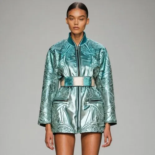 metallic feel,metallic,turquoise leather,futuristic,bolero jacket,raincoat,silver lacquer,tisci,rain suit,leather texture,space-suit,windbreaker,satin,one-piece garment,versace,foil,jacket,silvery,shoulder pads,shimmering,Photography,Fashion Photography,Fashion Photography 07