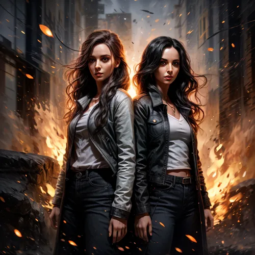 Two women standing side by side, One of them black haired with a white stripe through their hair. The other with pure white hair. 
,angels of the apocalypse,bad girls,digital compositing,clary,fire ba