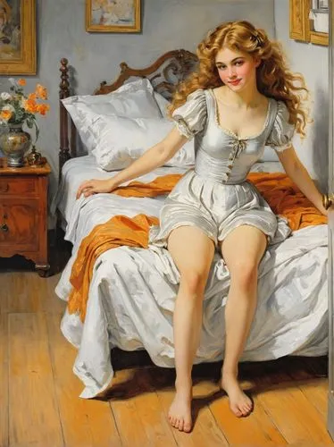 woman on bed,girl in bed,girl with cloth,girl with cereal bowl,woman sitting,girl in cloth,Art,Classical Oil Painting,Classical Oil Painting 42