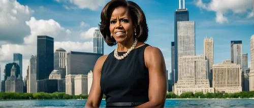 First Lady, Michelle Obama, solo, elegant, confident, 45yo, beautiful detailed eyes, subtle makeup, dark brown hair, pearl necklace, formal black dress, high heels, holding a microphone, speaking, sta