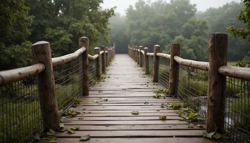 Rustic wooden bridge, natural stone piers, woven rope railings, weathered steel accents, earthy color palette, organic curves, suspended walkway, serene forest surroundings, misty morning atmosphere, 