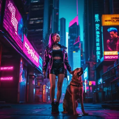 cyberpunk,girl with dog,urbanfetch,bladerunner,neon lights,neon,neons,neon light,dog street,hachiko,cyberdog,gsd,cyberpunks,animatrix,dog walker,futuristic,photo session at night,noir,neon candies,zhu,Conceptual Art,Sci-Fi,Sci-Fi 26