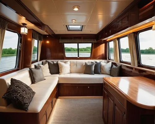 Luxurious canal boat interior, wooden accents, rich brown leather sofa, cream-colored curtains, elegant chandelier, polished chrome fixtures, modern kitchenette, marble countertops, soft carpet floori