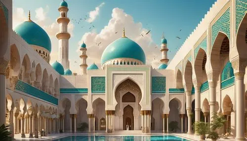 Intricate Islamic architecture, grand mosque, geometric patterns, symmetrical arches, ornate domes, minarets, intricate tile work, Arabic calligraphy, vibrant turquoise, golden accents, detailed stone