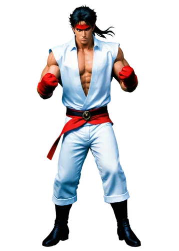 Ken Masters, Shonen Jump, Street Fighter, muscular man, serious facial expression, spiky black hair, white gi, red gloves, intense eyes, powerful stance, dramatic lighting, cinematic composition, dyna