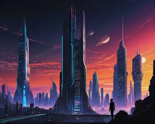 Futuristic skyscraper, 2050 cityscape, sleek metallic exterior, neon lights illuminating the night sky, towering high-rise building, intricate circuitry patterns on walls, holographic advertisements f