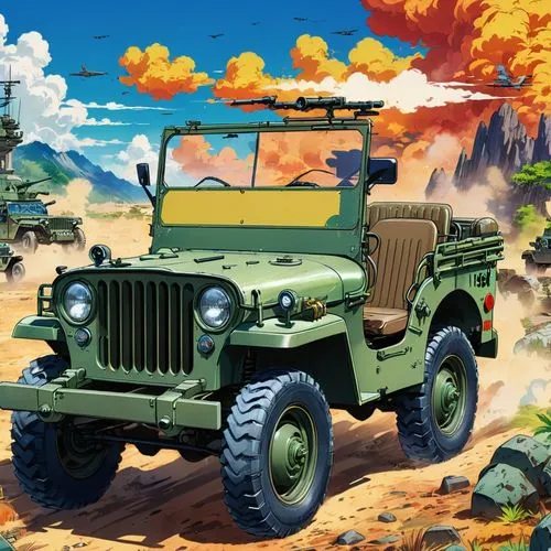 willys jeep,safari,willys jeep mb,military jeep,cartoon video game background,lrdg,sdkfz,defender,jeep,hmmwv,yj,hanomag,kfz,uaz,retro vehicle,willys,off-road vehicle,defend,humvee,landtroop,Illustration,Japanese style,Japanese Style 03