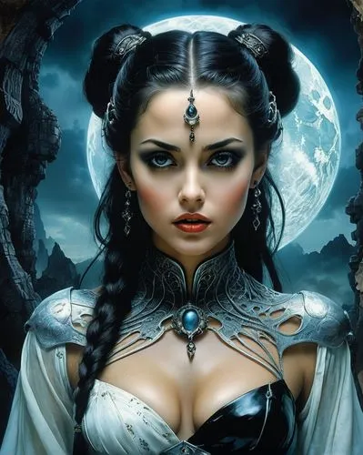 An advanced science fiction world appears before our eyes, 3000 years later, Woman with dark hair ponytail, the beautiful sultry goddess of death，by LUIS ROYO and Walt Disney, Vampire nymph posing in 