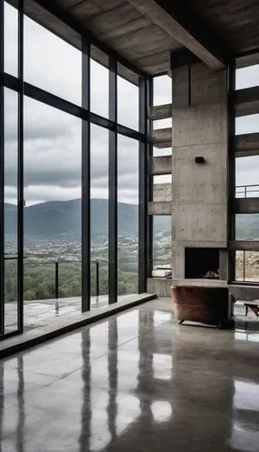  Brutalist home, modern architecture, angular concrete structure, rugged stone walls, steel beam framework, floor-to-ceiling windows, industrial-style lighting, minimalist interior design, raw unfinis