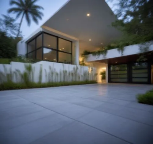 Diseño exterior de una casa moderna estilo minimalista combinando muros de color blanco con muros de tabique aparente, herrería de aluminio con cristal, fotografía hiperrealista, fotografía arquitectó