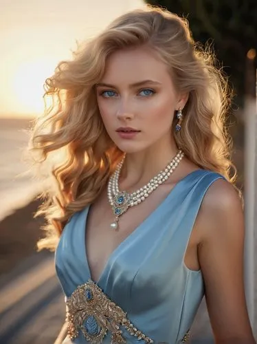 Xanthe, elegant lady, solo, (25yo), stunning golden hair, bright blue eyes, glamorous makeup, pearl necklace, luxury evening gown, satin texture, flowing train, standing, luxurious villa, Mediterranea