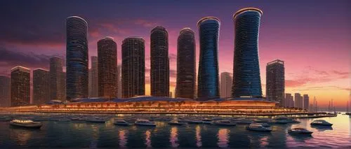 Marina City, modern futuristic architecture, sleek skyscrapers, curved lines, glass and steel materials, neon lights, bustling streets, evening atmosphere, city lights reflection on water, sailboats a