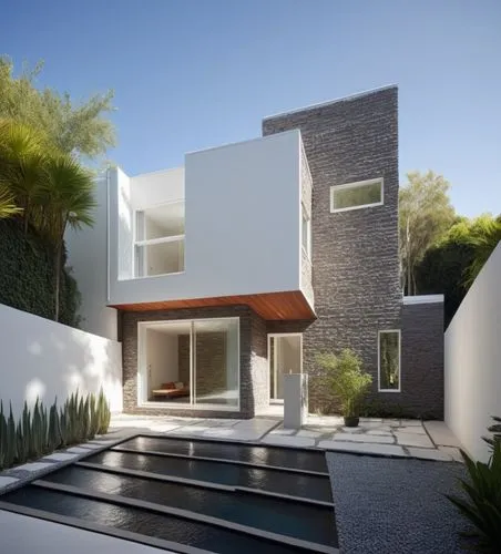 Diseño exterior de una casa moderna estilo minimalista combinando muros de color blanco con muros de tabique aparente, herrería de aluminio con cristal, fotografía hiperrealista, fotografía arquitectó