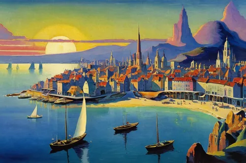 travel poster,futuristic landscape,metropolis,1929,1925,1926,art deco,cityscape,volga,izmir,utopian,1921,constantinople,regatta,city skyline,panoramic landscape,transilvania,gaudí,view of the city,danube,Art,Classical Oil Painting,Classical Oil Painting 11