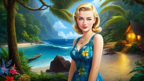 Romantic masterpiece oil painting, cute girl portrait, nostalgic 1950's style kitsch, vibrant rainforest landscape, lush tropical jungle paradise, summer beach cottage scenery, by Thomas Kinkade, by B