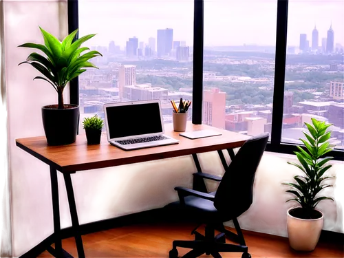 Modern office, wooden desk, leather chair, laptop, papers scattered, pen holder, water bottle, plants on shelf, floor-to-ceiling windows, city view, 3/4 composition, soft natural light, shallow depth 