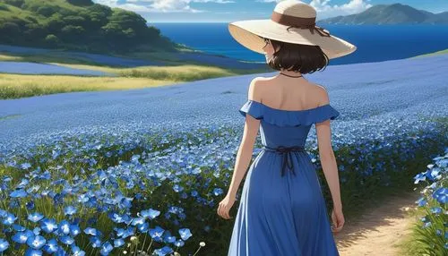 Standing Lady, (Looking Back) (From Behind), (Fashion Outfit) High Waist Long Skirt, Hat, Mature Woman, / (Dark Brown Hair/) Bangs, Relaxed Smile, (Masterpiece Best Quality: 1.2) Exquisite Illustratio