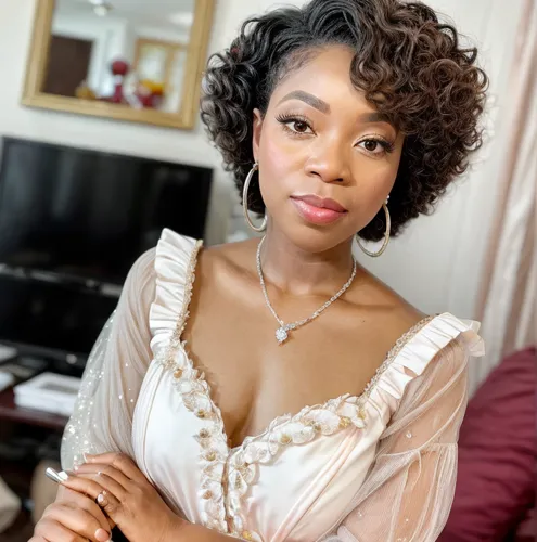 same face, a caribbean yong woman dressed like a princess with diamonds and gems, curly short hairs,tiana,maria bayo,nigeria woman,african american woman,bridal jewelry,wedding details,jane austen,mot