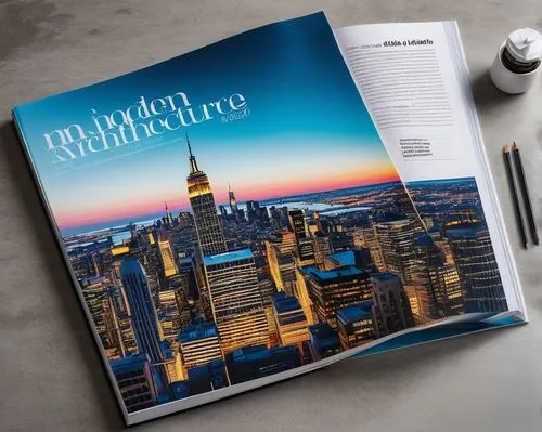 Modern architecture design magazine, coffee table book, thick glossy pages, high-quality print, vibrant colorful cover, bold font title, luxurious interior design, sleek lines, minimalist decor, floor