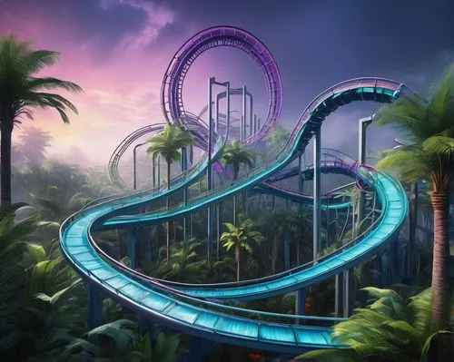 Adventure theme park, futuristic architecture, sleek lines, metallic materials, vibrant color scheme, roller coaster tracks, winding queues, thrill ride attractions, tropical palm trees, lush greenery