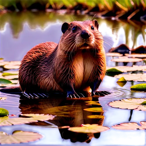 Beaver, semi-aquatic rodent, brown fur, flat tail, webbed hind legs, sharp incisors, whiskers, curious expression, sitting on riverbank, water lilies nearby, morning sunlight, soft mist, shallow focus