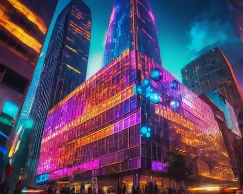 colored lights,cybercity,colorful city,luminato,colorful light,cybertown,cyberpunk,disco,glass building,cyberworld,fantasy city,metropolis,vdara,ctbuh,electric tower,shinjuku,megacorporation,neon lights,neon light,urbis,Illustration,Realistic Fantasy,Realistic Fantasy 38