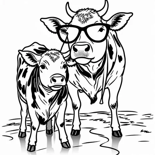 cow and calf standing in the grass with their reflection on the coloring,two cows,cowpunk,dairy cows,cows,cow icon,milk cows,Design Sketch,Design Sketch,Rough Outline