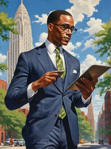 Architectural design manager, middle-aged man, bespectacled, short brown hair, wearing a navy blue suit, white shirt, black tie, holding a tablet, standing in front of a modern skyscraper, cityscape, 