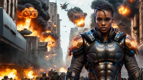 Cena de uma batalha nas ruas de uma cidade afrofuturista, com explosões e naves sobrevoando a cidade. imagem realista e em alta resolução.,war machine,digital compositing,valerian,cyborg,sci fiction i