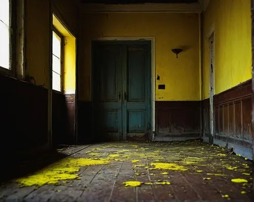 abandoned room,yellow wall,yellow wallpaper,empty interior,disused,abandoned places,abandoned house,luxury decay,urbex,creepy doorway,yellow light,hallway,lost places,empty hall,derelict,asylum,assay office in bannack,the threshold of the house,abandoned place,dandelion hall,Art,Classical Oil Painting,Classical Oil Painting 26